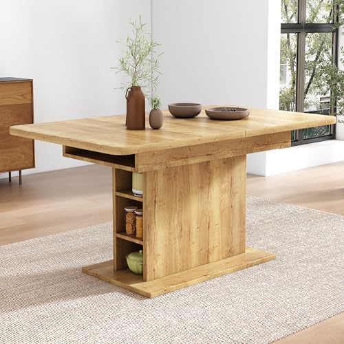 TIZZ Moderner, ausziehbarer Esstisch (L110/130 x B70 x H75) aus Eisen mit Stauraum – rechteckig, platzsparend und multifunktional, ideal als Kaffee- und Freizeittisch in natürlicher Optik von TIZZ
