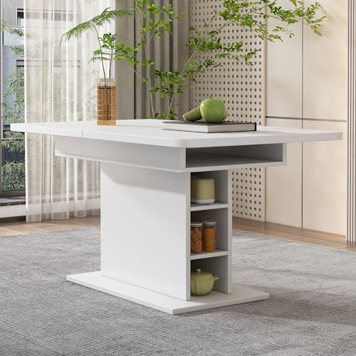 TIZZ Moderner, erweiterbarer Esstisch aus Eisen in Weiß mit Stauraum – rechteckig, platzsparend und multifunktional, ideal als Kaffee- und Freizeittisch von TIZZ