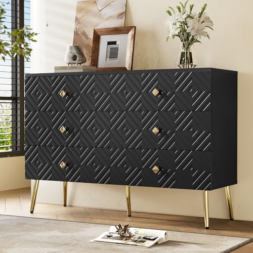 Moderner 6-Schubladen-Kommode – 120x40x80cm – Elegantes Schwarz mit Gold – Metallbeine für Stabilität – Perfekt für Schlafzimmer & Wohnzimmer von TIZZ