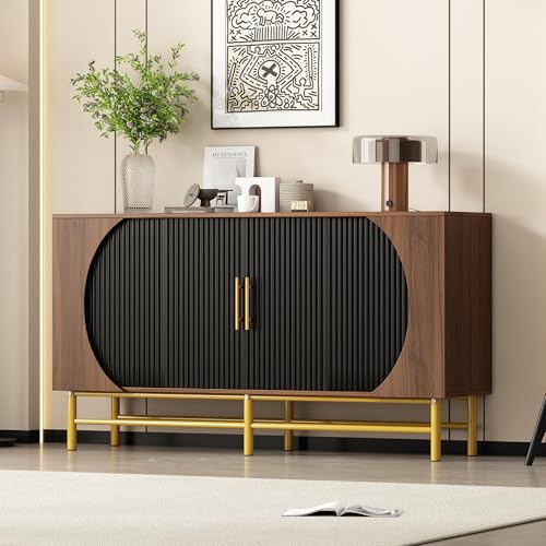 TIZZ Moderner Vier-Türen-Sideboard mit vertikalen Streifen und verstellbaren Ablageplatten, einzigartig und funktionsreich, ideal für Wohnzimmer und Esszimmer,Nussbaum TIZZ Moderner Vier-Türen-Sideboard mit vertikalen Streifen und verstellbaren Ablageplatten, einzigartig und funktionsreich, ideal für Wohnzimmer und Esszimmer,Nussbaum von TIZZ