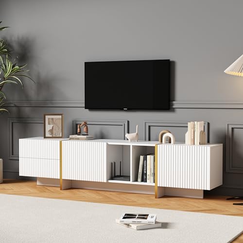 TIZZ Moderner luxuriöser vertikaler, mattierter TV-Schrank mit Mehreren Aufbewahrungsfunktionen für Fernseher bis zu 80 Zoll,TV-Schrank Wohnzimmer 190 * 35 * 45.5cm (Weiß) von TIZZ
