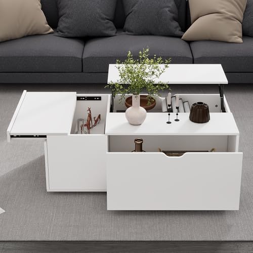 TIZZ Moderner multifunktionaler weißer Lift-up-Couchtisch mit Schubladen und Schiebetüren, Flexibler Raum, geeignet für eine Vielzahl von Wohnstilen von TIZZ