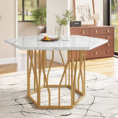 TIZZ Moderner sechseckiger Marmor-Esstisch, Metallzweiggestell, Schlichter ästhetischer Couchtisch, geeignet für Esszimmer und Wohnzimmer, Goldene von TIZZ