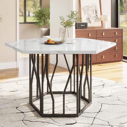 TIZZ Moderner sechseckiger Marmor-Esstisch, schwarzes Metallzweiggestell, Schlichter ästhetischer Couchtisch, geeignet für Esszimmer und Wohnzimmer von TIZZ