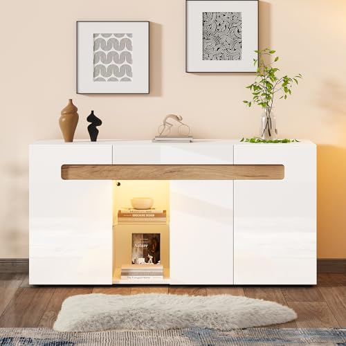 TIZZ Modernes Sideboard 140x40x70 cm 3-türiges LED-Lichtsteuerung Wohnzimmerschrank mit App-Steuerung Hochglanz-Wohnmöbel weiß mit Glasboden Lagerschrank TIZZ Modernes Sideboard 140x40x70 cm 3-türiges LED-Lichtsteuerung Wohnzimmerschrank mit App-Steuerung Hochglanz-Wohnmöbel weiß mit Glasboden Lagerschrank von TIZZ