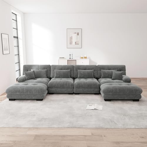 TIZZ Modulares Ecksofa 4-Sitzer U-förmiges Couch Set für Wohnzimmer Komfortable Cloud Couches mit beweglichem Ottoman DIY-Kombination Chenille Grau von TIZZ