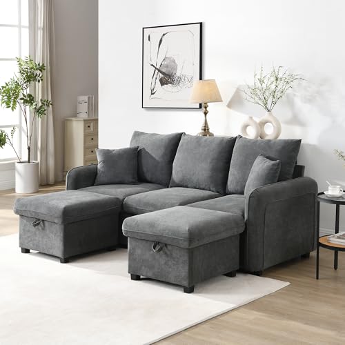 TIZZ Multifunktionale Ecksofa U-Form-Dreisitzer Polster-Sofa mit Staufunktion – Inklusive Schubladen + Hocker mit Staufach, modular zerlegbares Sofa-Set mit Schlaffunktion, Chenille-Bezug von TIZZ
