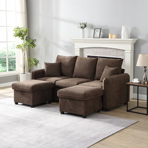 TIZZ Multifunktionale Ecksofa U-Form-Dreisitzer Polster-Sofa mit Staufunktion – Inklusive Schubladen + Hocker mit Staufach, modular zerlegbares Sofa-Set mit Schlaffunktion, Chenille-Bezug von TIZZ