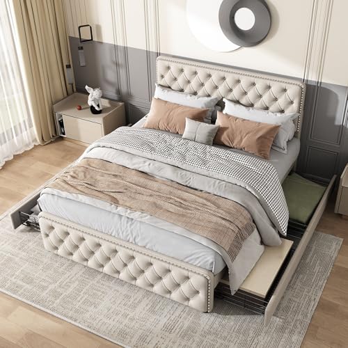 TIZZ Polsterbett, Doppelbett mit Vier Schubladen, höhenverstellbares Kopfteil, Zuglaschen und Nieten an Kopf- und Fußende, Lattenrost aus Holz, Leinen (Beige, 180x200cm) von TIZZ