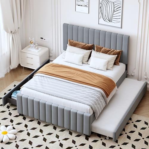 TIZZ Polsterbett 140 x 190 cm Mit Ausziehbett Zwei Schubladen Flaches Doppelbett Hautfreundlichem Samtstoff Kinderbett Jugendbett Gästebett Grau Ohne Matratze von TIZZ