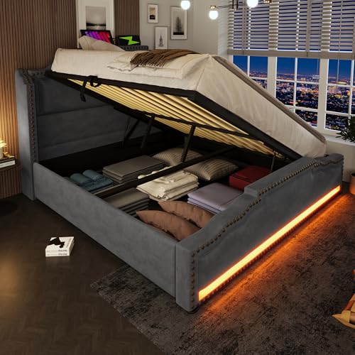 TIZZ Polsterbett 140x200 Doppelbett mit hydraulischem Stauraum LED-Beleuchtung USB-C-Ladeanschluss Stauraumbett Jugendbett mit Lattenrost Samt Grau ohne Matratze TIZZ Polsterbett 140x200 Doppelbett mit hydraulischem Stauraum LED-Beleuchtung USB-C-Ladeanschluss Stauraumbett Jugendbett mit Lattenrost Samt Grau ohne Matratze von TIZZ