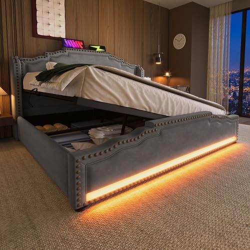 TIZZ Polsterbett 140x200 Doppelbett mit hydraulischem Stauraum LED-Beleuchtung und USB-C-Ladeanschluss Stauraumbett Jugendbett mit Lattenrost Samt Beige Mit Matratze TIZZ Polsterbett 140x200 Doppelbett mit hydraulischem Stauraum LED-Beleuchtung und USB-C-Ladeanschluss Stauraumbett Jugendbett mit Lattenrost Samt Beige Mit Matratze von TIZZ