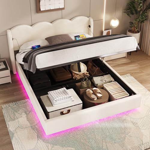 TIZZ Polsterbett 140x200 cm, Bettgestell mit wellenförmigem flachem Nudelrahmen, geeignet für Doppelbett, ohne Matratze, mit LED-Licht, USB+C Schnittstelle Aufladung und großem Stauraum, Samtstoff von TIZZ