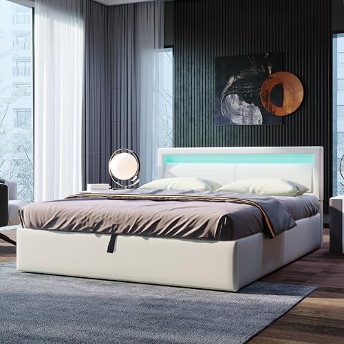 TIZZ Polsterbett 140x200 cm, LED-Bett, mit Lattenrost und Stauraum, mit beleuchtetem Kopfteil in diversen Farben, Weiß,Kopfteil & Kunstleder von TIZZ