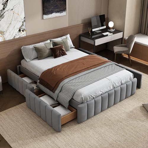TIZZ Polsterbett 140x200 cm Bettgestell Einzelbett Doppelbett Designbett mit Lattenrost (Ohne Matratze) Bettrahmen, Kein Kopfteil, minimalistisches Styling,Grau von TIZZ