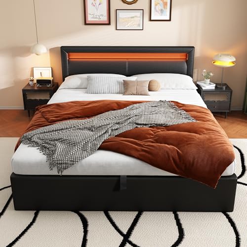 TIZZ Polsterbett 140x200 cm LED-Bett, mit Lattenrost und Stauraum, mit beleuchtetem Kopfteil in diversen Farben, Schwarz, Kunstleder & Holz von TIZZ