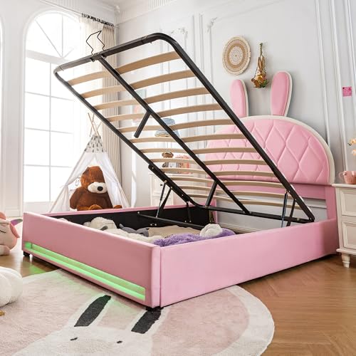 TIZZ Polsterbett 140x200cm Hydraulisch Doppelbett Verstellbares Kopfteil Kaninchen-Kopfteil Bett mit Lattenrost Metallrahmen Modernes Bettgestell Stauraum Samt Rosa von TIZZ