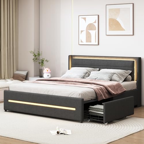 TIZZ Polsterbett 160 * 200 mit farbwechselnder LED-Beleuchtung, mit Vier Ablagefächern, Leinenstoff, Doppelflachbett mit Lattenrost, Grau (Matratze Nicht enthalten) von TIZZ
