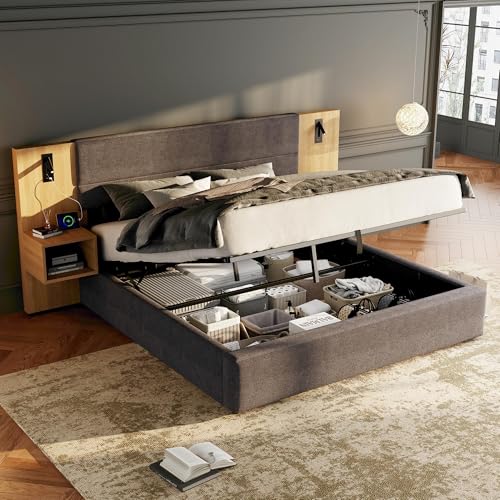 TIZZ Polsterbett 160 x 200 cm mit USB-Anschluss Hydraulisches Breitohrbett mit Beleuchtung inklusive Zwei Nachttischen mit Stauraum Holzlattenrost Einfacher Aufbau Samt Grau + Natur von TIZZ