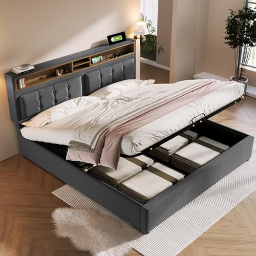 TIZZ Polsterbett 160x200 Doppelbett mit USB C Steckdose Ladefunktion Kopfteil Stauraumbetten Bettgestell aus Leinenmaterial Jugendbett mit Lattenrost Mit Matratze von TIZZ