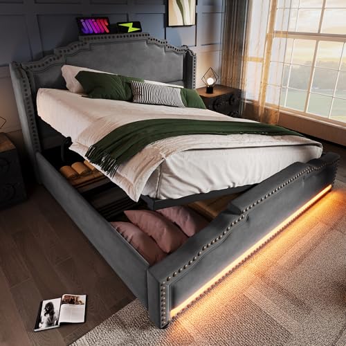 TIZZ Polsterbett 160x200 Doppelbett mit hydraulischem Stauraum LED-Beleuchtung USB-C-Ladeanschluss Stauraumbett Jugendbett mit Lattenrost Samt Grau ohne Matratze von TIZZ