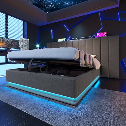 TIZZ Polsterbett 160×200 cm, Doppelbett Stauraumbett mit App Control LED und USB-C Ladefunktion, Bettgestell mit Lattenrost, Leinen, Grau, Mit Matratze, Ohne Nachttisch von TIZZ