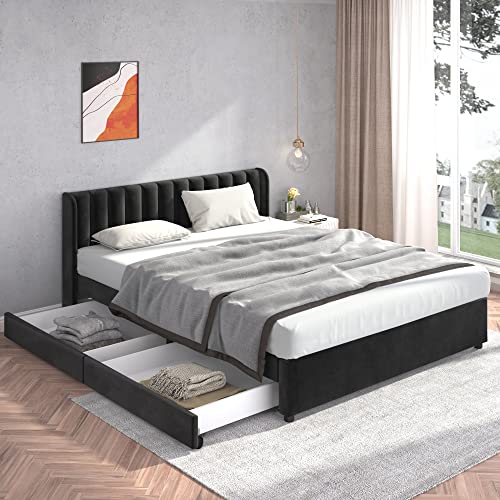 TIZZ Polsterbett 180 x 200 cm Samt Mit Lattenrost Rückenlehne 2 Schubladen Schwarz von TIZZ