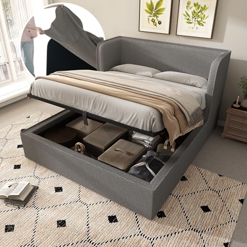 TIZZ Polsterbett 180×200, Doppelbett Hydraulisch Stauraumbett mit Breite Seitenlehn und Abnehmbarer Bettrahmenbezug, Bettgestell mit Lattenrost und Stauraum, Leinen, Grau, Ohne Matratze von TIZZ