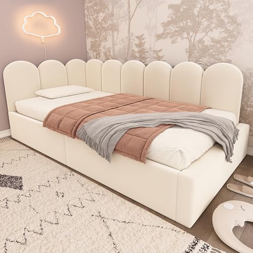 TIZZ Polsterbett Daybett 90x190 cm,Tagesbett Schlafsofa mit hydraulischem Stauraum, Kinderbett mit Metall-Lattenrost, Samt,Grau, ohne Matratze (Beige, 90 * 190CM) von TIZZ