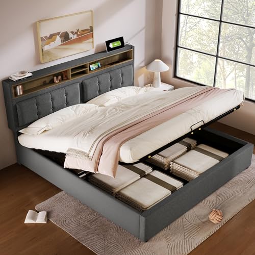TIZZ Polsterbett Doppelbett 140x200, mit USB C Steckdose Ladefunktion Kopfteil,Stauraumbetten Bettgestell aus Leinenmaterial Jugendbett mit lattenros,Ohne Matratze, von TIZZ
