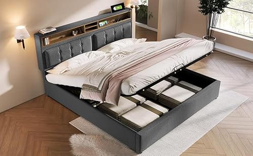 TIZZ Polsterbett Doppelbett 160x200, mit USB C Steckdose Ladefunktion Kopfteil,Stauraumbetten Bettgestell aus Leinenmaterial Jugendbett mit lattenrost,Ohne Matratze von TIZZ
