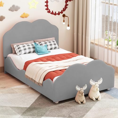 TIZZ Polsterbett Kinderbett 90 x 200 cm hohes Geländer-Kinder Bettgestell mit wolkenförmigem Kopf- und Fußteil. Einzelbett in hautfreundlichem Samt Grau von TIZZ