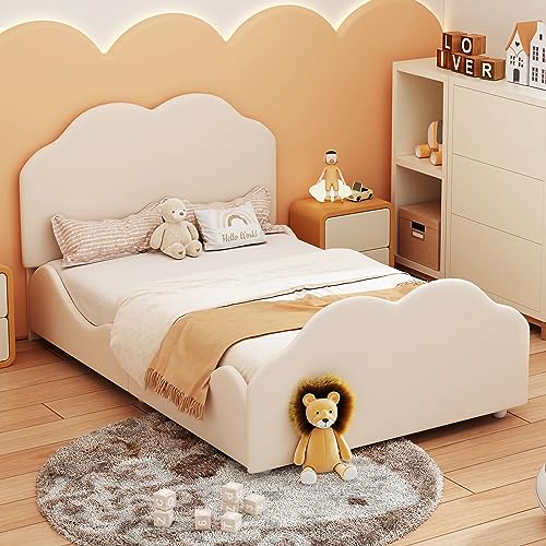 TIZZ Polsterbett Kinderbett 90 x 200 cm hohes Geländer-Kinderbettgestell mit wolkenförmigem Kopf- und Fußteil. Einzelbett in hautfreundlichem Samt Beige von TIZZ