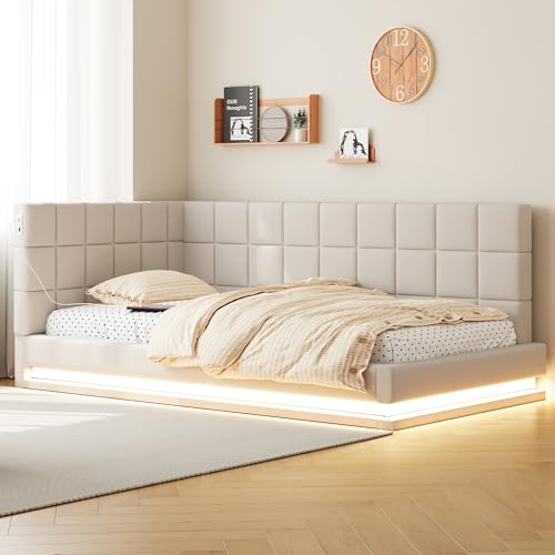 TIZZ Polsterbett Schlafsofa 90 * 200 Multifunktionsbettmit LED Lichtleiste, USB Steckdose und Lattenrost, hautsympathischer Samtstoff,beige von TIZZ