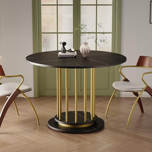 TIZZ Runder Esstisch mit Marmoroptik Modernes Design mit Metallgestell, Platzsparender Küchentisch für 2–4 Personen, Perfekt für Esszimmer oder Wohnzimmer (Schwarz+Gold) von TIZZ