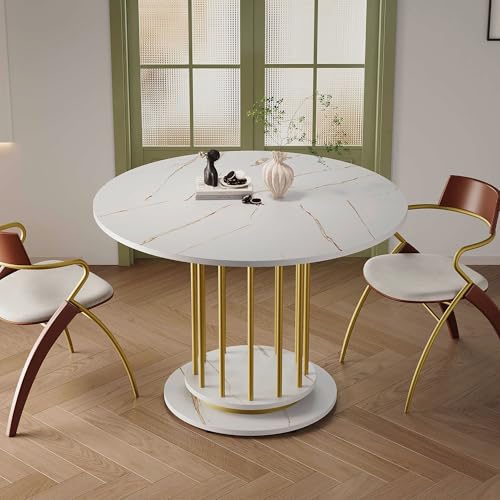 TIZZ Runder Esstisch mit Marmoroptik Modernes Design mit Metallgestell, Platzsparender Küchentisch für 2–4 Personen, Perfekt für Esszimmer oder Wohnzimmer (Weiß+Gold) von TIZZ
