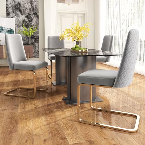 TIZZ Samt-Esszimmerstuhl 4er-Set luxuriös Wohnzimmer Schlafzimmer Lounge-Sessel Diamant-Rücken-Design mit goldfarbenen Metall-Stützbeinen Grau TIZZ Samt-Esszimmerstuhl 4er-Set luxuriös Wohnzimmer Schlafzimmer Lounge-Sessel Diamant-Rücken-Design mit goldfarbenen Metall-Stützbeinen Grau von TIZZ