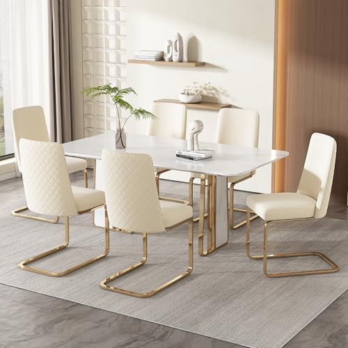 TIZZ Samt-Esszimmerstuhl 6er-Set luxuriös Wohnzimmer Schlafzimmer Lounge-Sessel Diamant-Rücken-Design mit goldfarbenen Metall-Stützbeinen Beige von TIZZ