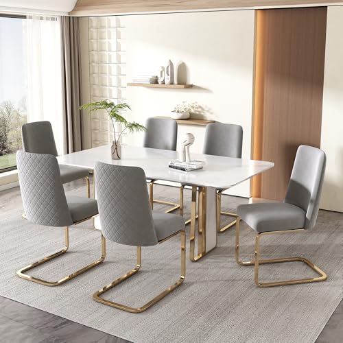 TIZZ Samt-Esszimmerstuhl 6er-Set luxuriös Wohnzimmer Schlafzimmer Lounge-Sessel Diamant-Rücken-Design mit goldfarbenen Metall-Stützbeinen Grau von TIZZ