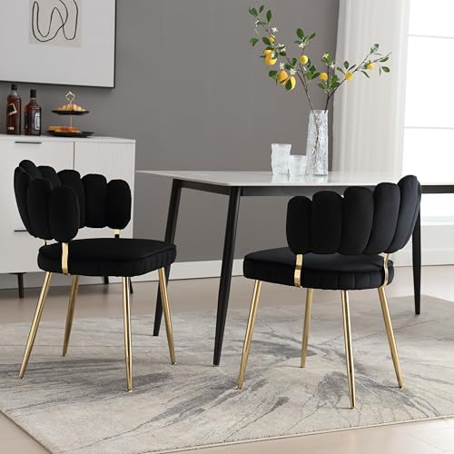 TIZZ Samt Sessel 2er Set Schwarz Mit Blüten Rückenlehne Abgerundete Armlehnen Metall Beine Esszimmer Schlafzimmer Büro von TIZZ