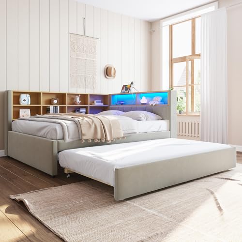 TIZZ Schlafsofa 140 * 200,Ausziehbett 90 * 190, ausgestattet mit LED Leuchten, Steckdosen und vielen Ablagefächern, Polsterbett, Multifunktionsschlafsofa, Einzelbett, Flanell, Hellgrau. von TIZZ