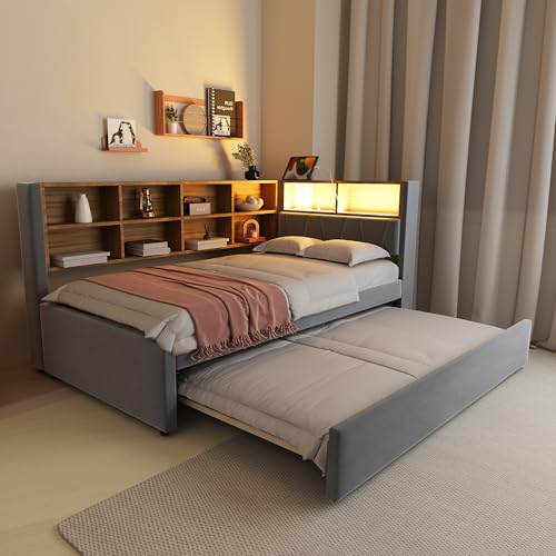 TIZZ Schlafsofa 90 * 200, Ausziehbett 90 * 190, ausgestattet mit LED Leuchten, Steckdosen und vielen Ablagefächern, Polsterbett, Multifunktionsschlafsofa, Einzelbett, Flanell, Dunkelgrau. TIZZ Schlafsofa 90 * 200, Ausziehbett 90 * 190, ausgestattet mit LED Leuchten, Steckdosen und vielen Ablagefächern, Polsterbett, Multifunktionsschlafsofa, Einzelbett, Flanell, Dunkelgrau. von TIZZ