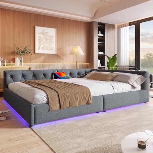 TIZZ Schlafsofa Daybett Tagesbett 140x200 cm Mit Lattenrost Ohne Matratze Kopfteil Mit Knopftuft Leinen Grau von TIZZ