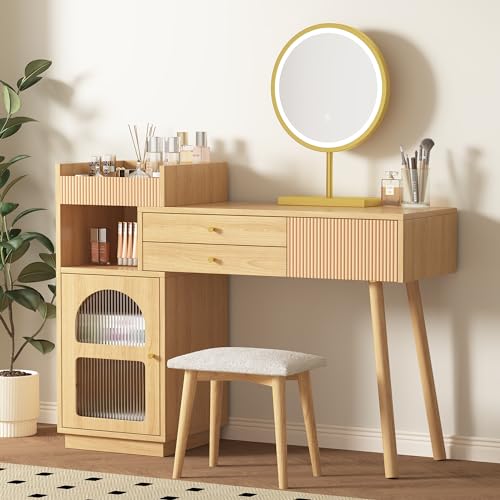 TIZZ Schminktisch-Set, Kosmetiktisch mit LED-Spiegel und 3-Farbiger Beleuchtung, Schminktisch aus Holz für Schlafzimmerstudio - Maße: B120/H90/T40 cm(ohne Hocker) von TIZZ
