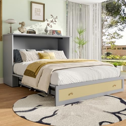 TIZZ Schrankbett 140 x 200 Mobiles Mit Schubladen Am Bettende Regal Am Kopfende USB Steckdose Umbaubares Plattformbett Ohne Matratze Grau von TIZZ