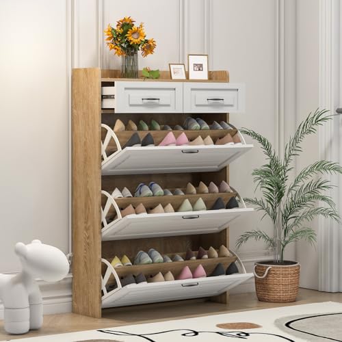TIZZ Schuhkommode mit drehbarem Schuhschrank, bestehend aus DREI großen Klappen und Zwei Schubladen, Holzschuhschrank, Schuhregal, Geeignet für Eingangsbereiche und Wohnzimmer,Maße: B80/T23.5/H125 cm von TIZZ