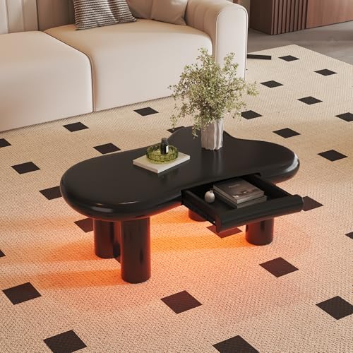 TIZZ Schwarzer Couchtisch in Cloud-Form aus MDF mit 16-Farbiger LED-Beleuchtung & Schublade – Moderner Wohnzimmertisch mit Stauraum von TIZZ