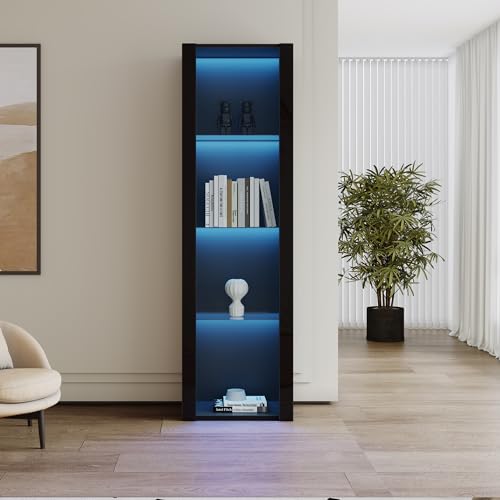 TIZZ Schwarzer Hochglanz-Vitrinenschrank mit LED-Beleuchtung, 3 Glasfächer, 55 * 38 * 166cm, Vitrine, Stehschrank, Lagerschrank,Hochschrank von TIZZ