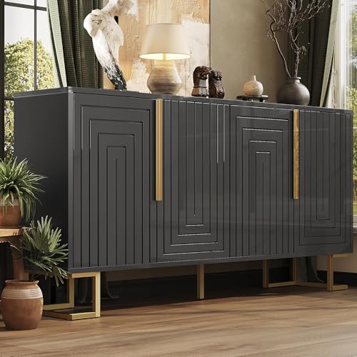 TIZZ Sideboard Schwarz 152 x 40 x 75 cm Geometrisches Design Goldene Griffe Füße Elegant von TIZZ
