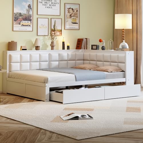 TIZZ Sofa-Holzbett 140 x 200 Mit Weicher Rückenlehne, Großer Stauraumschublade, Multifunktionales Bett, Einzelbett, Jugendbett, Holzbett Aus Kiefernholz Weiß von TIZZ